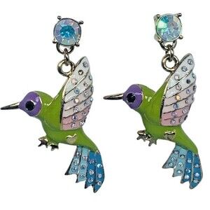 Betsey Johnson Hummingbird Dangle Earrings 2" Crystal Green Spring Ahead